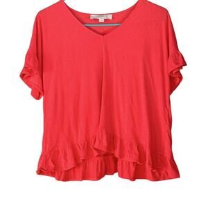 LOFT Ruffle Hem V-Neck Blouse Coral Short Sleeve Flowy Casual Feminine Style